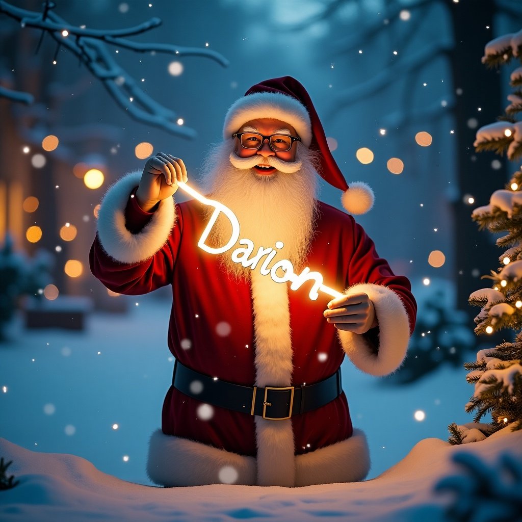 Santa in a snowy environment writing the name Darion with a glowing stick. Magical Christmas atmosphere with snowflakes falling. Soft lights enhance festive mood.