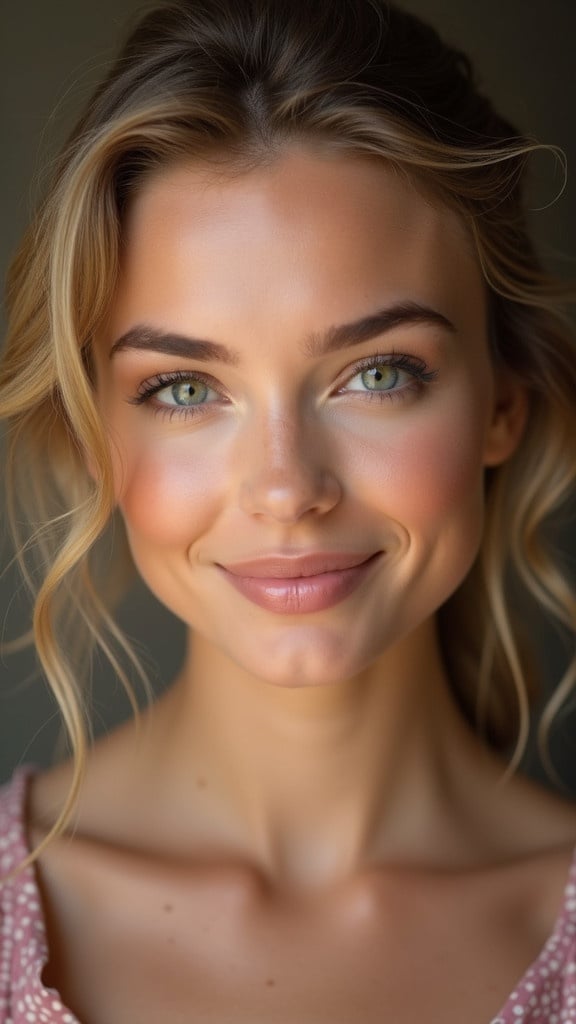 Portrait of a beautiful young woman with natural makeup. Glowing skin enhances facial features.