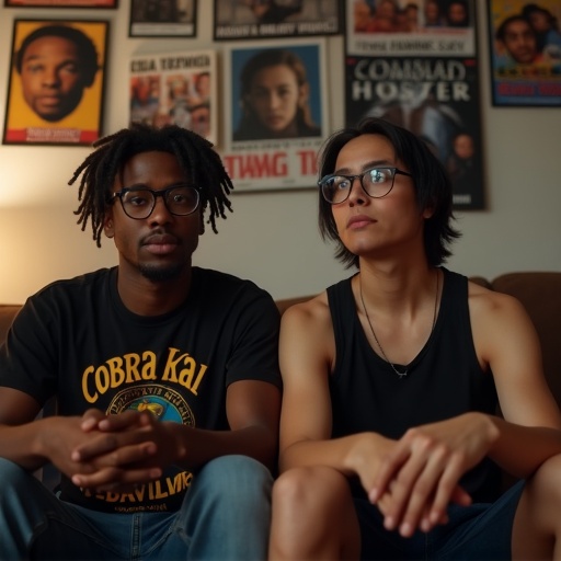 Two young males sit on a couch in an apartment. One wears a Cobra Kai T-shirt the other wears a black tank top. Both appear nerdy and slim. Movie posters decorate the walls.