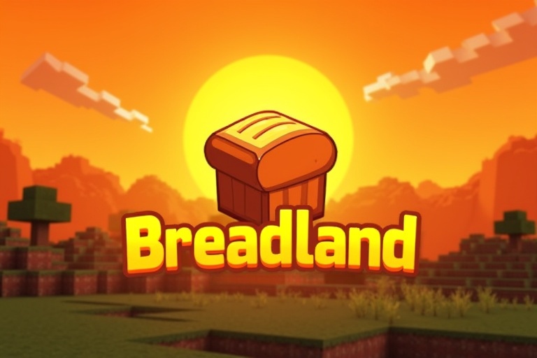 Logo design for Minecraft server named Breadland. Bright orange sunset background with Minecraft landscape featuring trees and grass. Prominent pixel bread icon in the center with server name. Text reads Team server og lagring. Simple modern icon style suitable for gaming communities and e-sports. Unique design integrates heavenly colors resembling the brightest star.