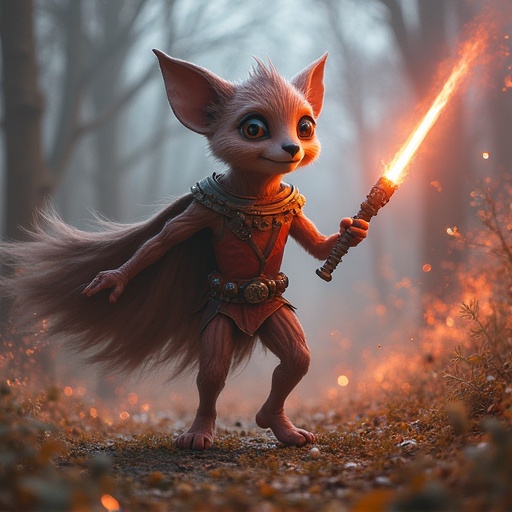 Create an image of a cute, humanoid character with a glowing sword in a mystical setting, captured in an action pose with a magical atmosphere around.