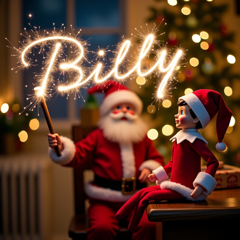 Enchanting Christmas scene featuring elf on shelf and Santa. Elf writes 'Billy' with sparkler. Background shows vibrant northern lights. Festive atmosphere captures holiday spirit with whimsical twist. Elf's action evokes wonder and joy of Christmas.