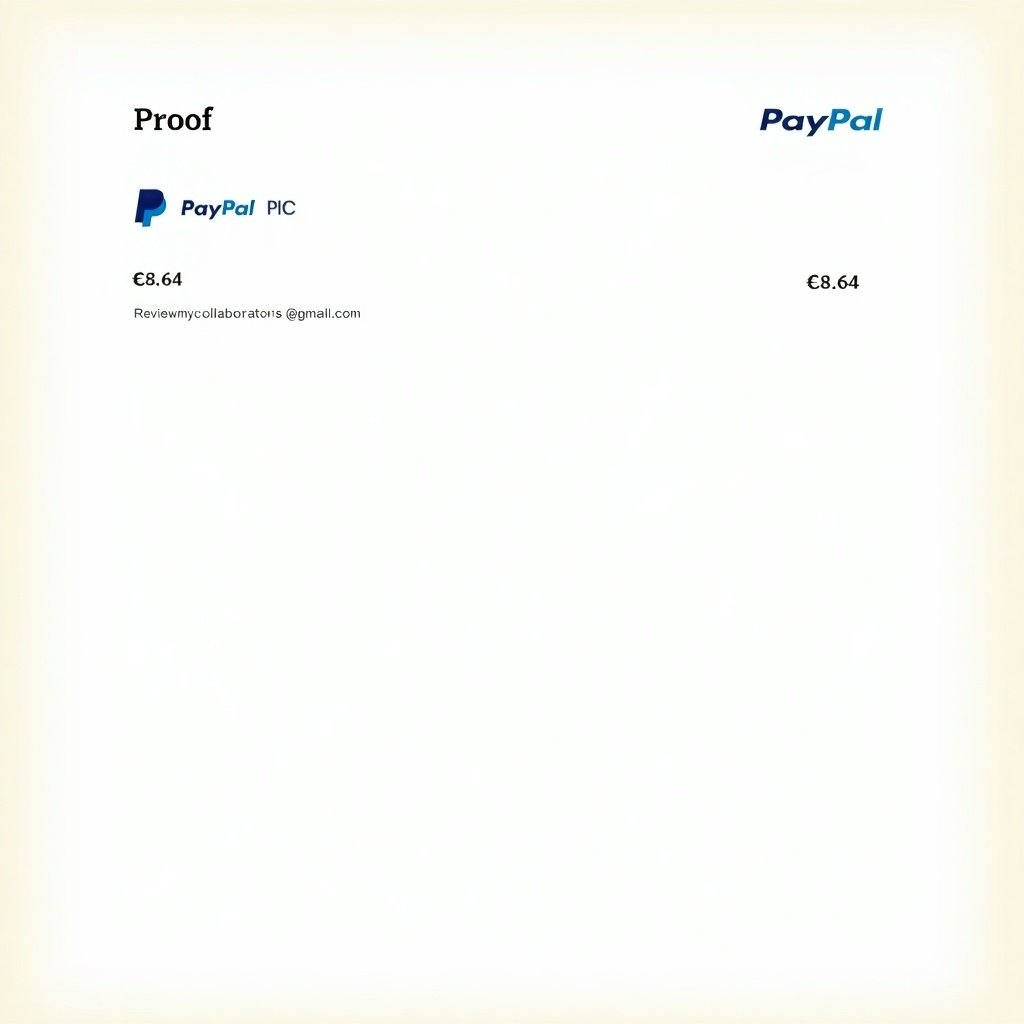 Illustration of a proof of payment document from PayPal. Features completed transaction of €8.64 Payment directed to account reviewmycollaborators@gmail.com. Receipt design typical of PayPal documents. Layout emphasizes clarity with bold text and simplified background.