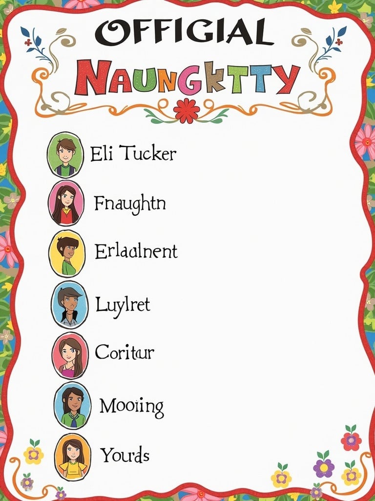 Colorful illustration featuring an official Naughty list. Title reads Official Naughty. Names listed include Eli Tucker and others. Character illustrations are beside each name. Background showcases decorative flowers.