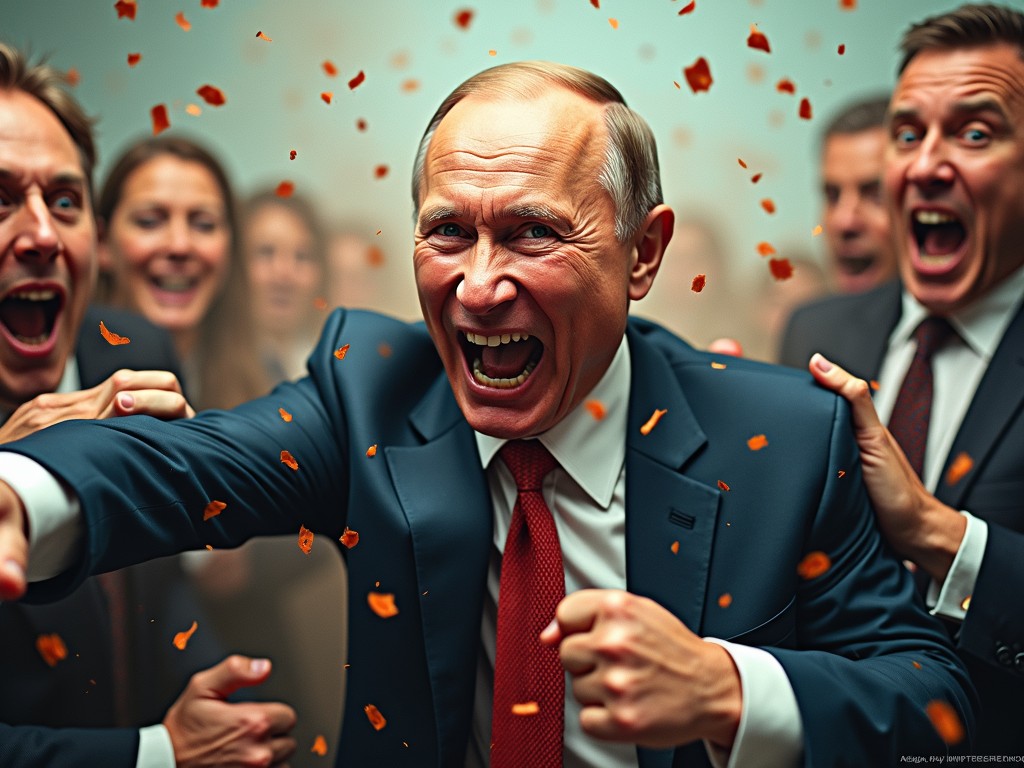 The image depicts a group of people in formal attire, energetically celebrating. The central figure is shouting joyfully, surrounded by vibrant confetti. The expressions of those around him are filled with exuberance, contributing to a lively atmosphere. The setting suggests a corporate success or celebratory event.