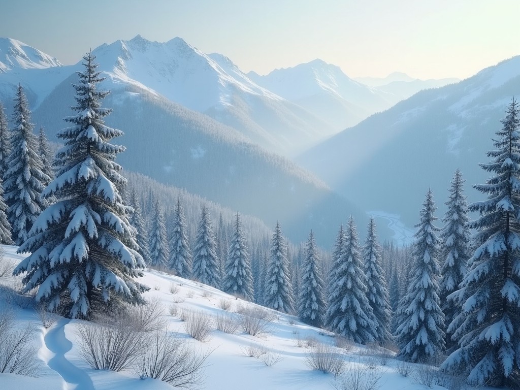 This image captures a breathtaking winter landscape, complete with snow-drenched mountains and a serene atmosphere. The scene is viewed from a bird's-eye perspective, showcasing the first snow of the season that blankets the mountains. Light snow gently falls, contributing to the picturesque quality of the scene. Soft light bathes the environment, enhancing the beauty of the snow-covered trees and hills. This tranquil snow scene evokes a peaceful and cinematic feeling, reminiscent of a movie setting.