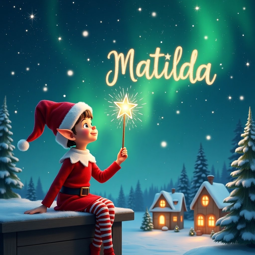 An elf sits on a wooden ledge, gazing up at a magical sky filled with stars and the Northern Lights. Dressed in a red outfit with a pointed hat, the elf holds a sparkling wand, writing 'Matilda' in the starry sky. The scene has a whimsical feeling, capturing the essence of childhood magic. In the background, there are charming little houses and evergreen trees blanketed in snow. The elf then writes the names 'Jaiden', adding to the festive atmosphere.