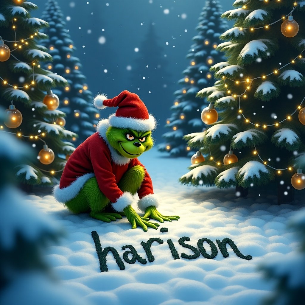 The Grinch is outside in the snow. Christmas trees surround him, decorated with lights. The Grinch is writing the name harrison in the snow.