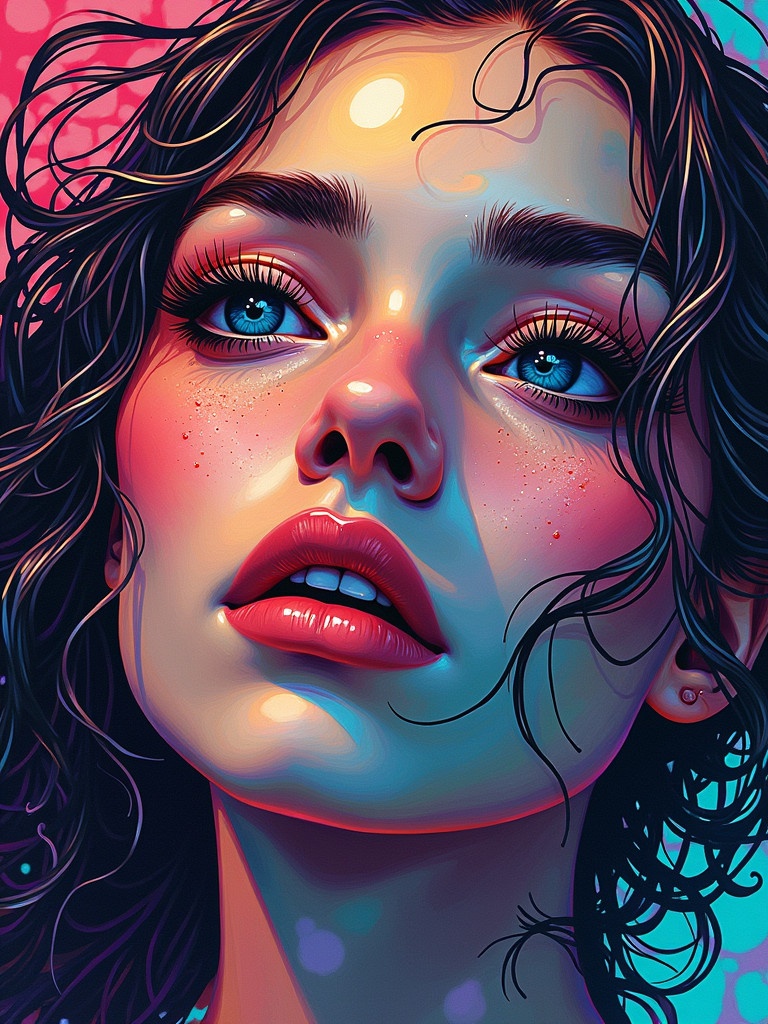 A vibrant and surreal portrait. Blending of colors. Swirling patterns around the face. A fusion of artistic styles. A fresh approach to female portraiture.