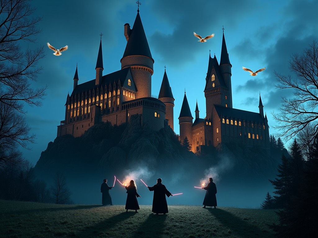 A mystical scene featuring a large castle at night, beautifully illuminated against a deep blue sky. In the foreground, four wizards are casting spells with glowing wands. There are owls flying above, enhancing the magical atmosphere of the scene. The castle has gothic architecture with tall spires and turrets. The setting feels serene yet adventurous, inviting viewers into a fantasy world.