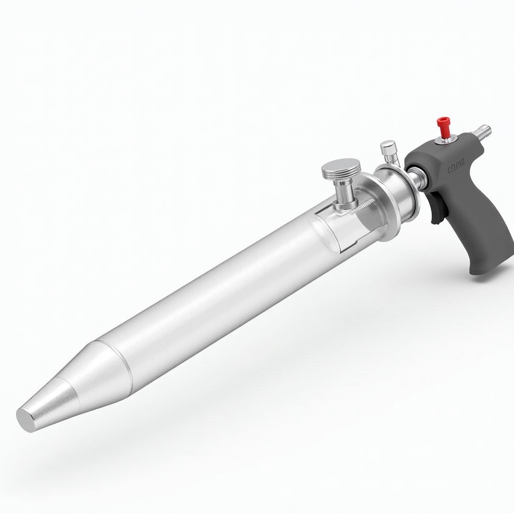 Digital rendering of a controlled flow nozzle for metal salt deposition. The nozzle has an elongated, airbrush-like design with a large solution tank. The image features a clear view of the nozzle and tank, emphasizing functionality.