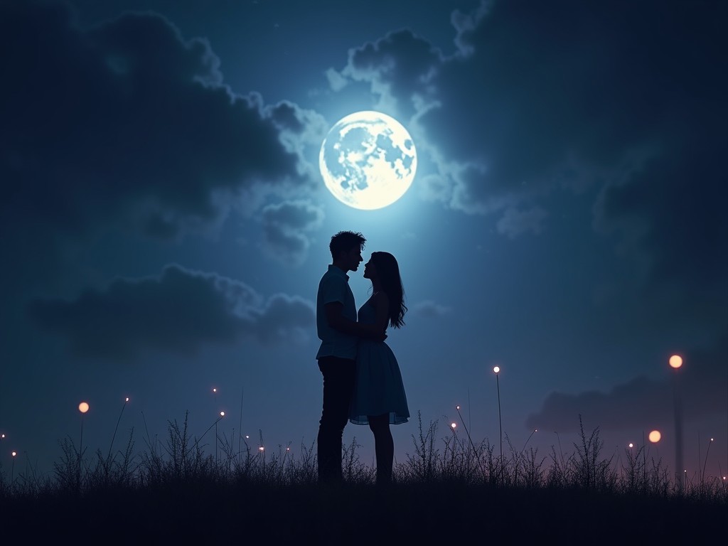 A couple stands together beneath a moonlit sky, their silhouettes illuminated against the deep blues and purples of the night. Shadows cast dramatic contrast around them, while subtle highlights from distant stars and a few softly glowing fireflies frame their figures. The scene has a mysterious, almost dreamlike quality, with dark, rich colors blending to create an intimate yet powerful atmosphere.