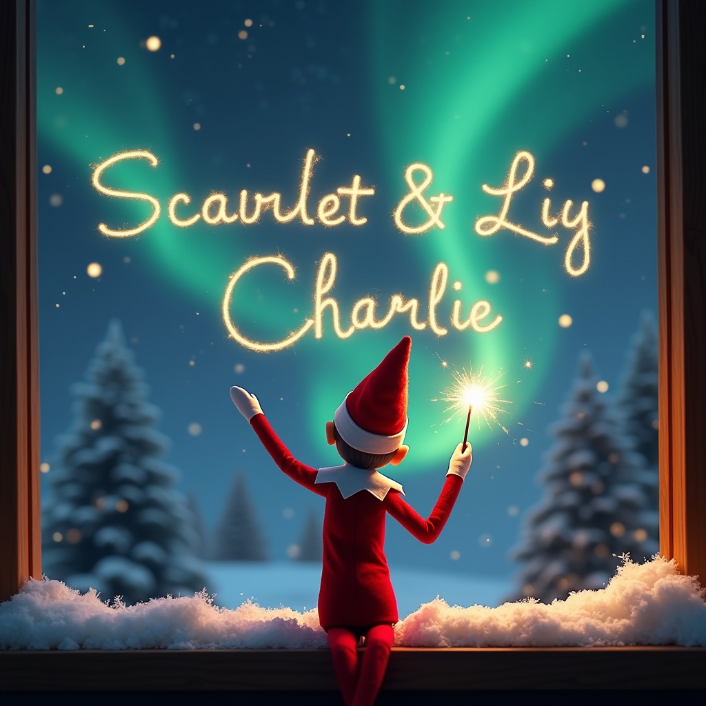 An enchanting Christmas scene features an elf on the shelf, with its back to the viewer. Dressed in traditional red and white, the elf holds a magic wand and is writing 'Scarlett & Charlie' in glowing script above it. The backdrop showcases vibrant northern lights, creating a magical ambiance. Snow is quietly settled below, enhancing the festive atmosphere. This whimsical scene captures the spirit of Christmas and evokes wonder, excitement, and joy for the holiday season.