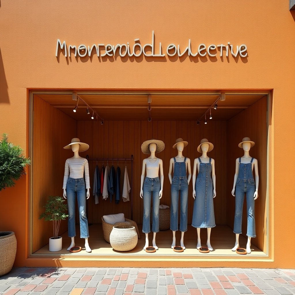 This image features a boutique clothing store called Montecito Collective. The storefront is designed in a light orange stucco style, making it eye-catching and inviting. Inside the display, there are five mannequins styled in various women's denim outfits, adorned with fashionable hats. The setting is surrounded by a colorful exterior courtyard, and the bright lighting enhances the visual appeal. Cobblestone paving adds texture and charm to the scene, making it a picturesque shopping destination.