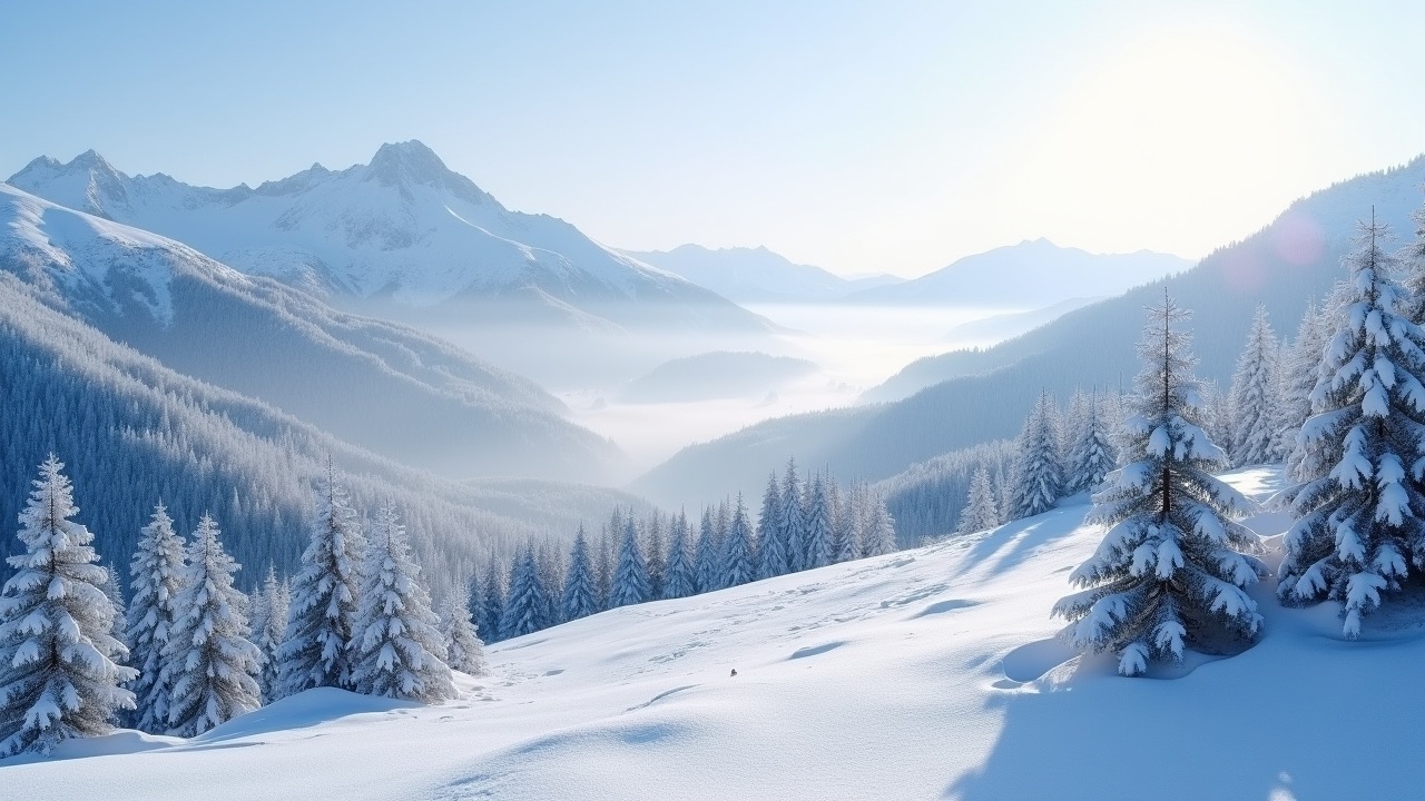 This image captures a stunning winter landscape covered in fresh snow. It portrays a bird's-eye view of the scene, showcasing the first snow gently falling over the mountains and trees. The soft light creates a serene and peaceful atmosphere, contributing to the beauty of the snow-drenched scenery. The mountains are beautifully coated in white, conveying the essence of winter. This enchanting snow scene invites viewers to immerse themselves in a magical winter wonderland.