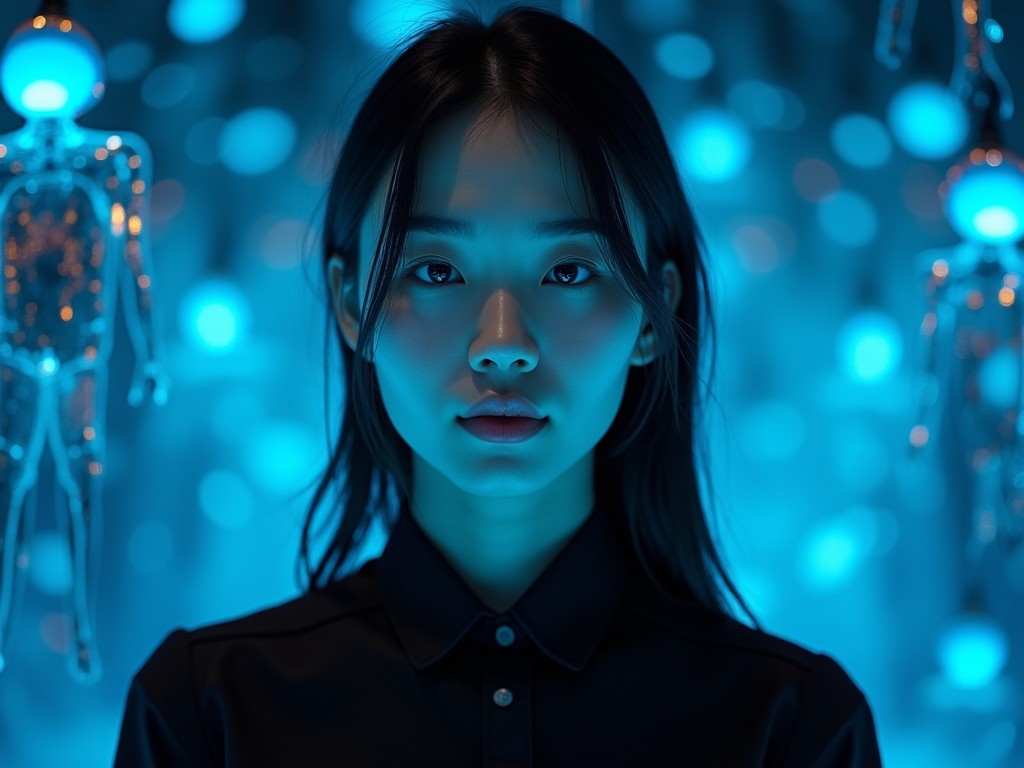 The image features a girl standing amid a backdrop of glowing, translucent humanoid figures, creating an ethereal ambiance. The blue lighting bathes the scene in a mystical glow, casting soft shadows and highlights on her contemplative face. Her neutral expression contrasts with the futuristic elements surrounding her.