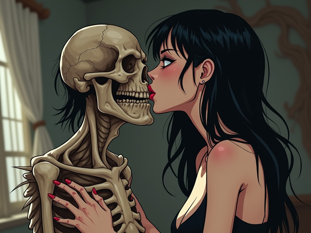 This artwork features a striking scene where a woman with dark hair and red lips is kissing a human skeleton. The setting is intimate, with a blurred background suggesting a room, which adds a surreal touch to the image. The skeleton's detailed anatomy contrasts sharply with the woman's vibrant presence, creating a profound exploration of themes such as love, life, and mortality.