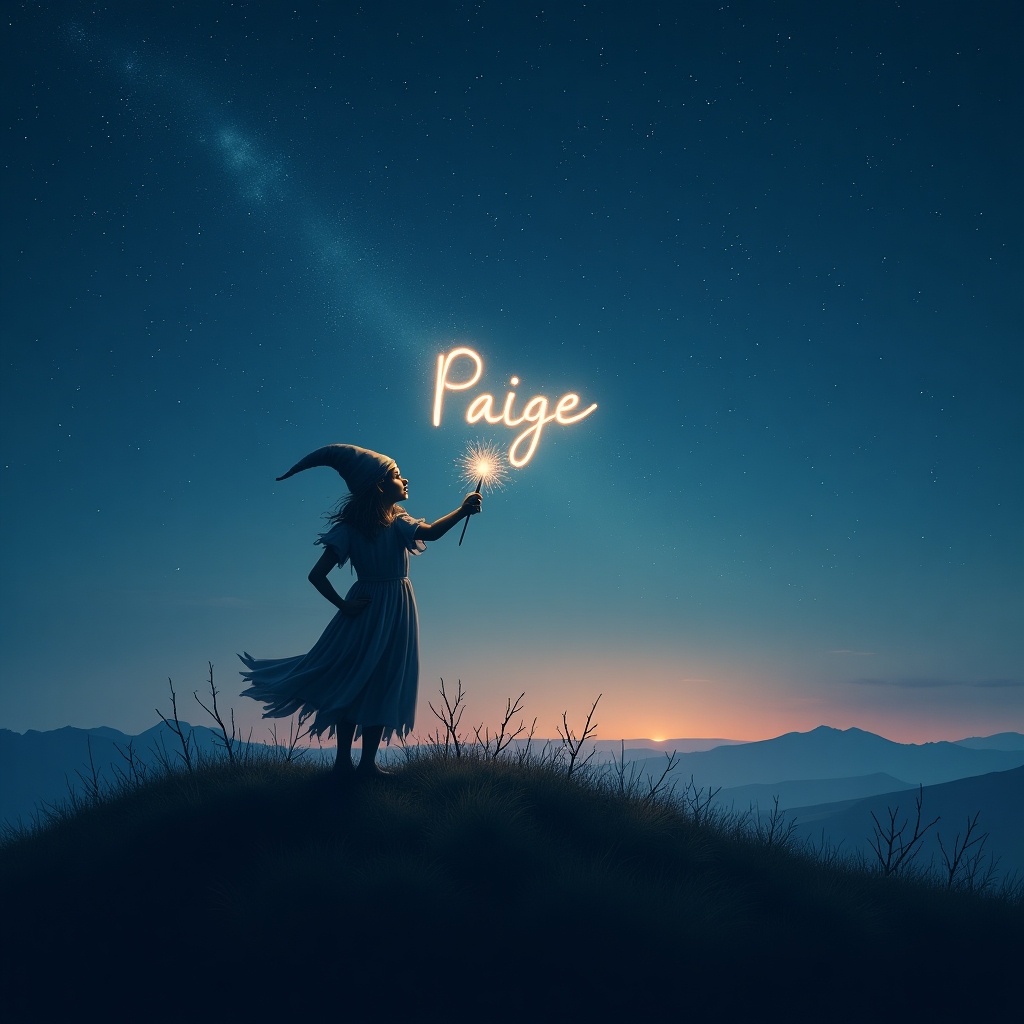 Whimsical scene features an elf-like figure standing on a hill under a starry sky. Elf writes the name 'Paige' in glowing light. Soft twilight hues illuminate the landscape. Elf holds a sparkling wand. Enchanting setting evokes wonder and creativity. Night sky enhances the magical atmosphere.