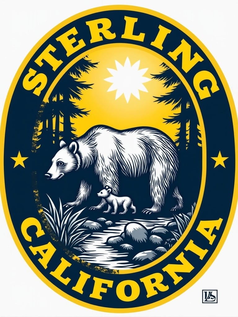 Illustration of a Californian city seal. Features a bear with two cubs in a forest setting. The top has the word STERLING and the bottom displays CALIFORNIA. The design includes yellow colors and a sunburst background.