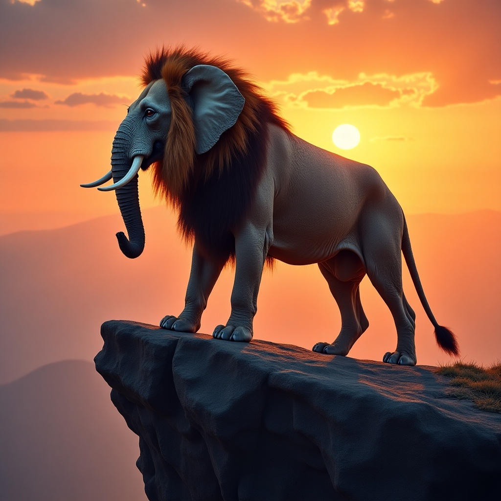 A creature with the head of an elephant and the body of a lion. The creature is on a cliff overlooking a valley at sunset. The sky has vibrant orange and gold hues with soft clouds. It has an elephant's trunk and ears, with a lion's mane. The body is muscular, resembling a lion, while standing confidently on the cliff.