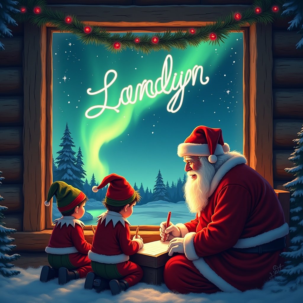 The image depicts a cozy cabin scene featuring Santa Claus with two elves by a window. Outside, a stunning display of northern lights illuminates the night sky with the name 'Landyn' written in the night sky. Together, they are writing notes, preparing for the upcoming holiday season. The ambiance is warm and inviting, embodying the magic of Christmas. This festive setting highlights the excitement and spirit of giving.