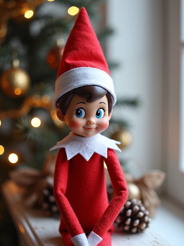 Doll styled like an elf, dressed in red and white outfit. Doll is sitting, looking cheerful and festive. Background shows a decorated Christmas tree with ornaments and pine cones.