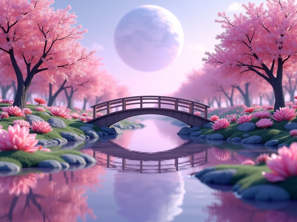 A serene scene featuring a wooden bridge over a reflective river, surrounded by cherry blossom trees and lush pink lotus flowers, with a large moon in the background.