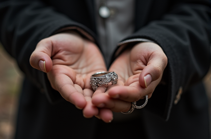 A person holding an ornate, rhinestone-studded belt buckle in cupped hands, wearing a dark coat.