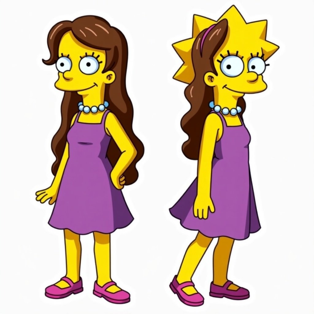 Female character inspired by The Simpsons. Character is 8 years old. Dressed in a purple dress similar to Lisa Simpson’s style. Long brown hair. Wearing purple shoes. Friendly expression.