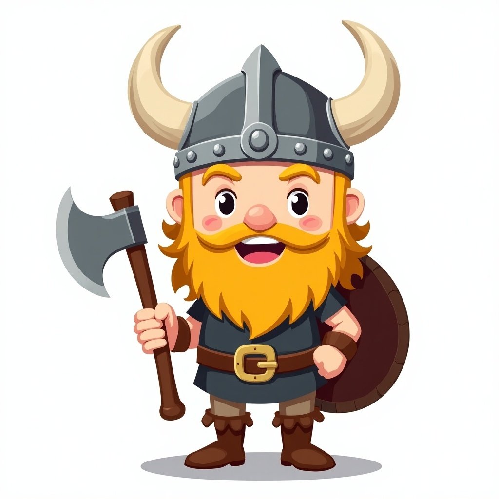 Character design of a smiling male Viking chibi. He has blonde hair. Wears a helmet with horns and holds an axe. Brown boots and a shield.