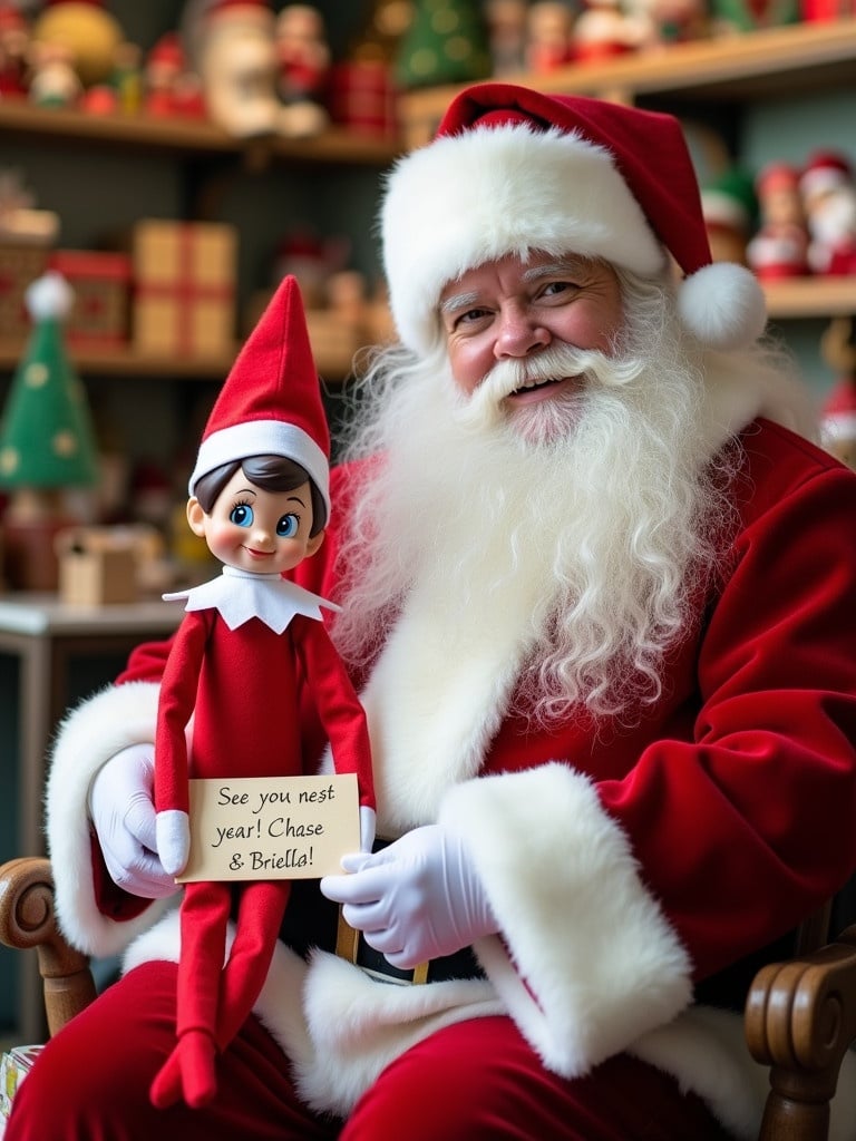 Elf on the Shelf in red outfit seated beside Santa in a toy workshop. Elf holds a sign saying 'See you next year Chase & Briella!'. Colorful holiday decorations fill the background. Warm inviting atmosphere brings out Christmas spirit.