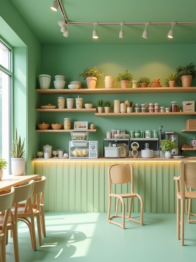 Interior design of a coffee shop designed for kids. Features coffee drinks and desserts displayed with pistachio colors. The atmosphere is inviting and cheerful.