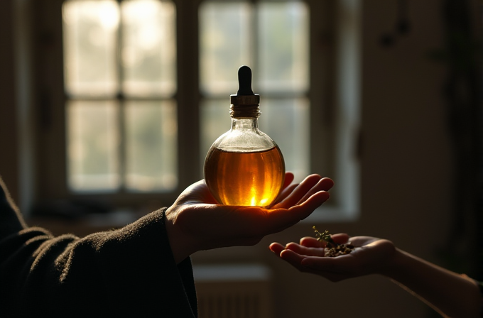 A hand holds a glowing bottle of liquid in the sunlight, while another hand reaches out with herbs.