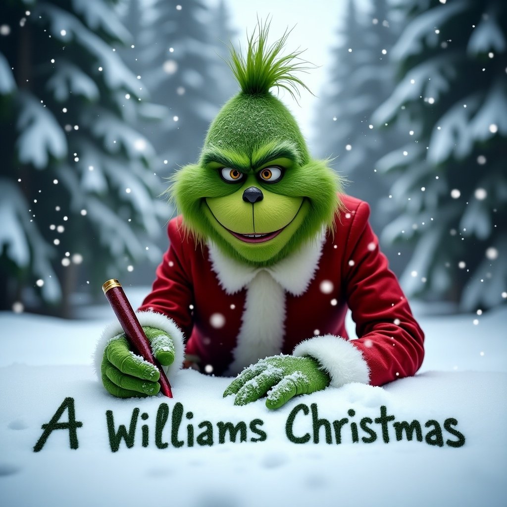 Grinch in traditional suit writing in snow. He smiles. Snowfalls gently creating winter atmosphere. Focus on name 'A Williams Christmas' in fresh snow. Tall snow-covered trees surround scene enhancing holiday charm. Captures essence of festive season and wonder of grinch magic.