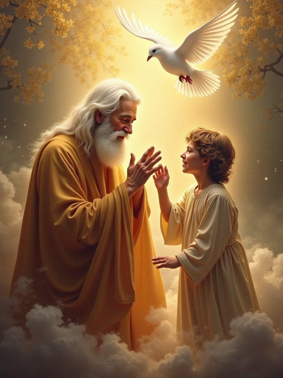 Imagery of a father and son with a representation of the Holy Spirit. The scene captures a spiritual moment with soft clouds and an ethereal glow.