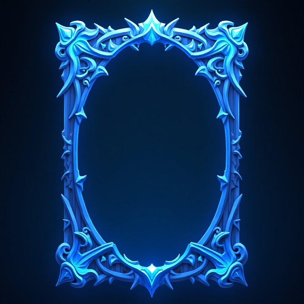 Ornate blue frame for a game card. Intricate designs and shapes. Empty center for customization.