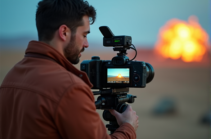 A man operates a camera capturing a fiery explosion in a desert landscape.