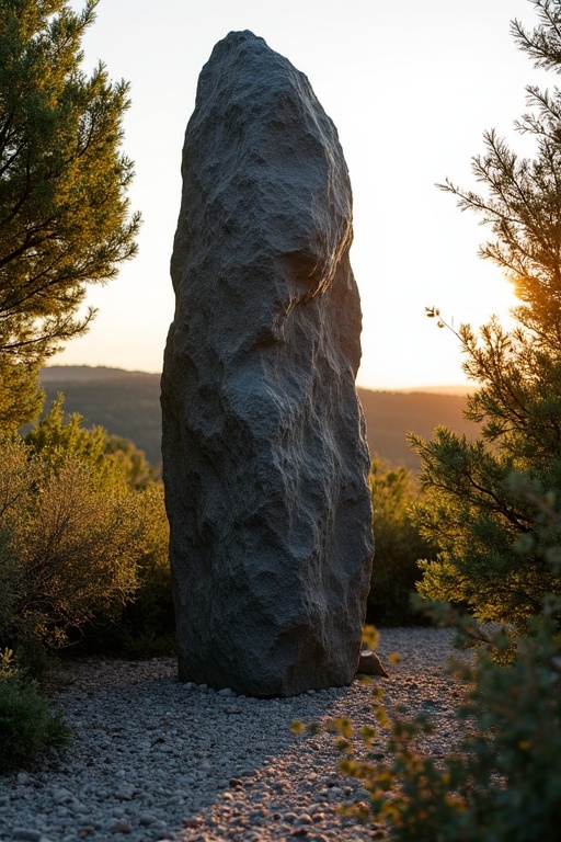 Stone menhir towering 2 meters made of dark granite. It radiates calmness and strength. Dense shrubs surround it. Ground is stony with wild herbs. Southern French landscape in evening light.