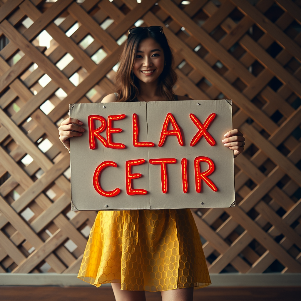 A smiling person holds a bright sign that says 'RELAX CETIR' against a wooden lattice background.