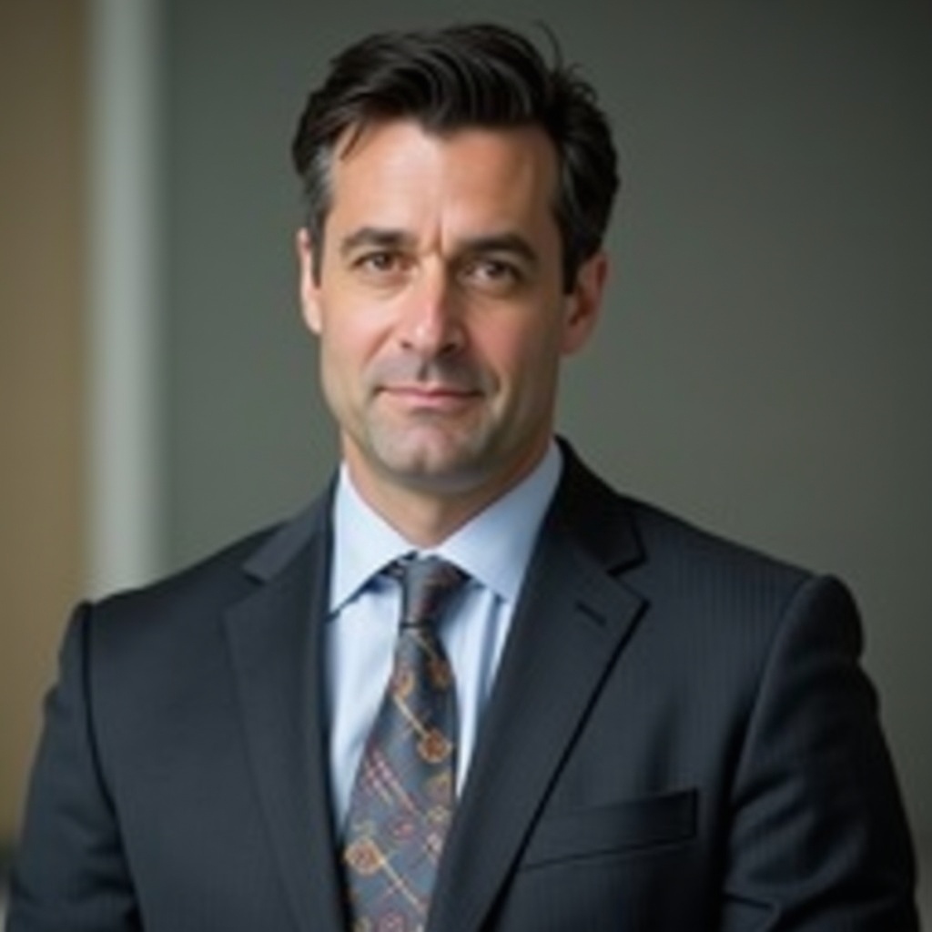 A well-dressed man stands against a blurred background that suggests an office setting. His expression is neutral and serious, creating a focused atmosphere. He has dark, neatly styled hair and is wearing formal attire, including a dark suit jacket and a light dress shirt with a patterned tie. The muted colors of the background enhance his professional appearance. The lighting is soft and even, highlighting his features.