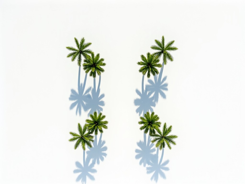 This image features an overhead, top-down view showcasing four rows of palm trees set against a pure white background. Each tree is perfectly aligned in a symmetrical grid, evenly spaced apart. A strong singular light source from the center casts sharp, linear shadows that radiate outward in precise angles. This creates a starburst effect with the shadows, contributing to the surreal ambiance of the scene. The stark contrast between the green trees, the deep black shadows, and the white background enhances the uncanny feel of the composition.