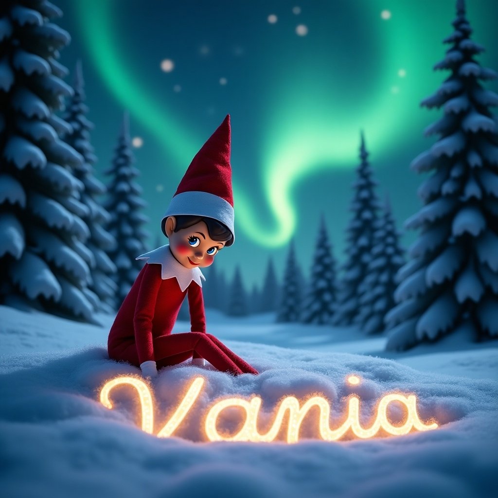 Animated elf in red outfit sitting in snow. Elf writing name 'Vania' in illuminated cursive. Magical backdrop with northern lights. Snow-covered pine trees surrounding scene.