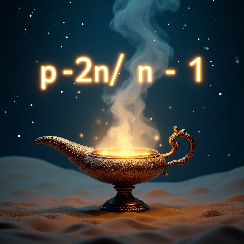 Create an enchanting scene where a mystical genie, glowing with ethereal energy, emerges from an ornate ancient lamp. The genie should have a shimmering, magical appearance with swirling smoke and mist. The two formulas 'p ≤ 2n/(n-1)' and 'p ≥ 2n/(n-1)' are displayed in large, luminous, and bold text in the foreground. These formulas float above the genie, glowing brightly. The setting is an otherworldly desert night with stars, enhancing the magical ambiance, with the formulas dominating the composition, showcasing their importance and power as if they are the genie’s gifts.