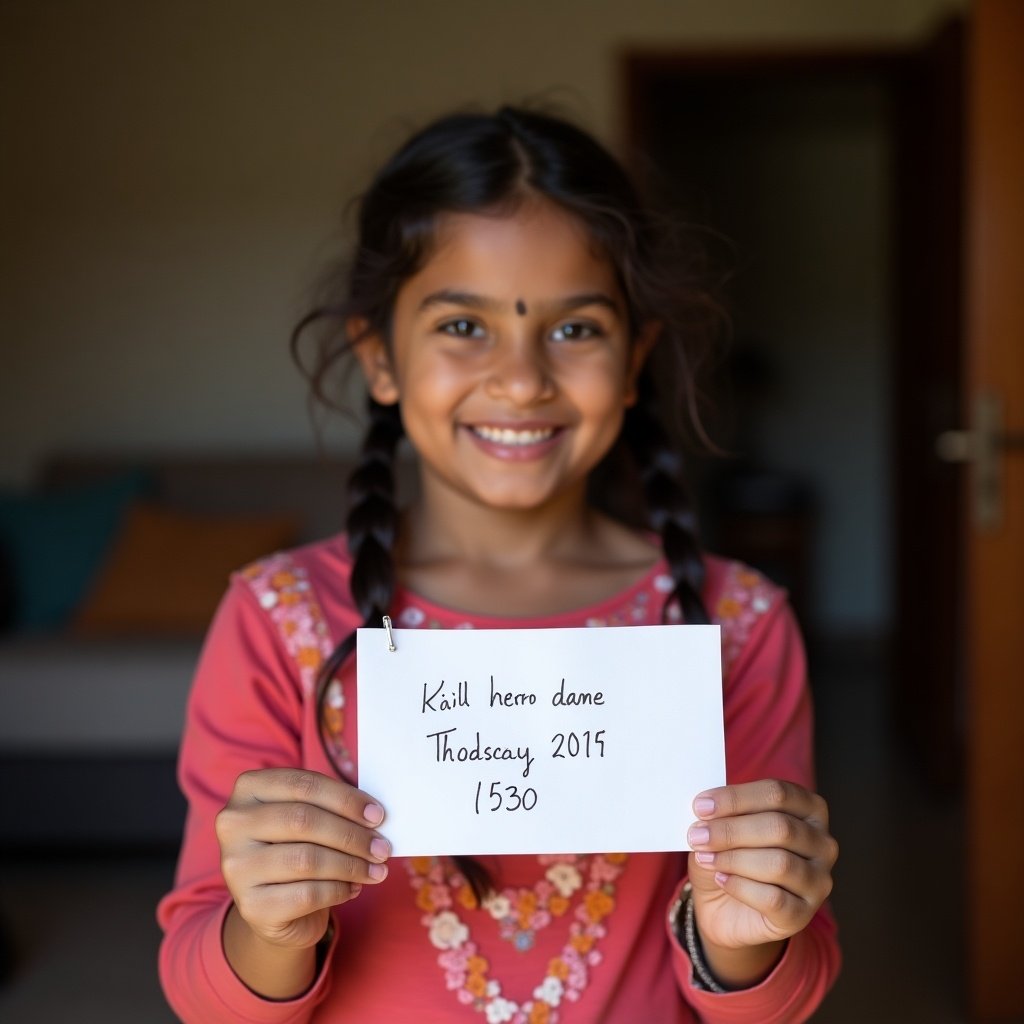 Image depicts an Indian girl holding a piece of paper. The paper has a handwritten name and date. The girl is indoors, showcasing her hands and arms. The paper is prominently displayed. The room is illuminated with natural light, creating a genuine personal atmosphere.