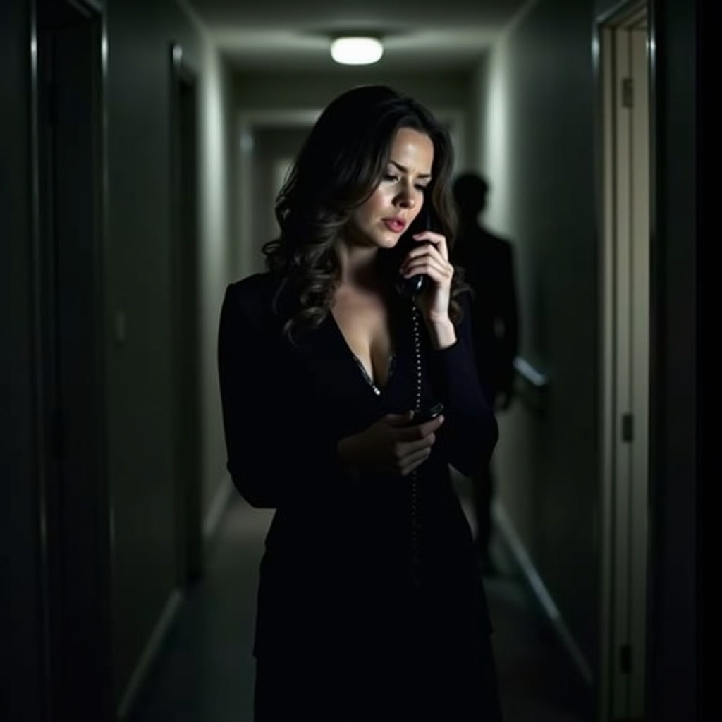 In a dimly lit hallway a woman stands gripping a telephone with an intense expression. She seems to be in distress perhaps receiving unsettling news. A shadowy figure lurks in the background adding an element of danger. The lighting casts eerie shadows enhancing the suspenseful mood. The scene captures the essence of a psychological thriller where every detail heightens the tension of the moment.