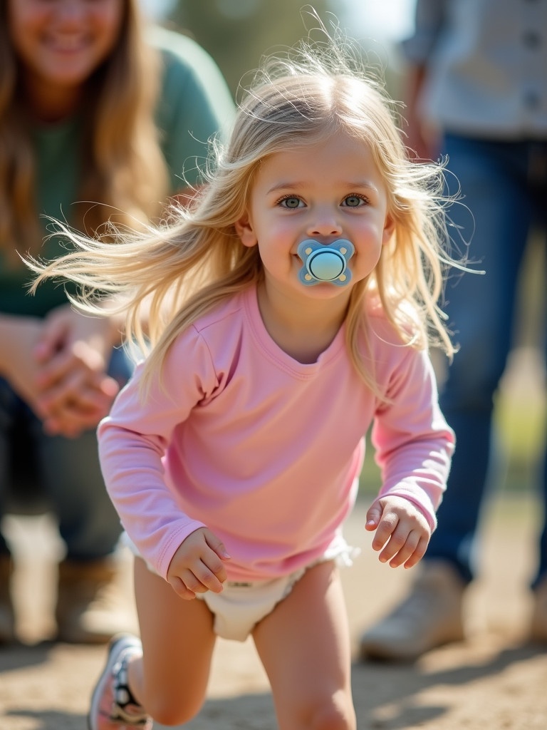 Seven year old girl with long blond hair wearing a long sleeve pink t-shirt and a diaper playing at the playground. She is running towards the camera showing enthusiasm and joy under natural lighting. Parents are present in the background but not the focus of the image.