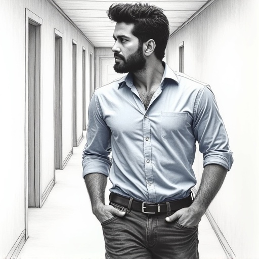 A highly detailed pencil sketch of a man in a light blue shirt standing in a corridor. The man has thick black hair disheveled and athletic build. The setting depicts a moment of pause and reflection. The image has smooth blended shading and high contrast in a true black and white aesthetic.