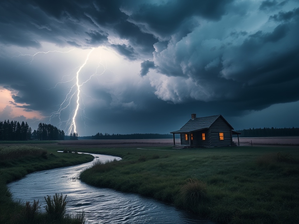 The image captures a dramatic scene with a solitary cabin illuminated amidst a stormy landscape. A powerful lightning bolt pierces the dark, turbulent sky, illuminating the surrounding clouds. In the foreground, a winding creek reflects the light, adding to the brooding yet serene atmosphere of the countryside setting.