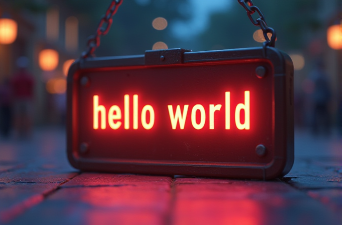 A warmly glowing sign reading 'hello world' hangs prominently with a blurred, ambient street scene in the background.