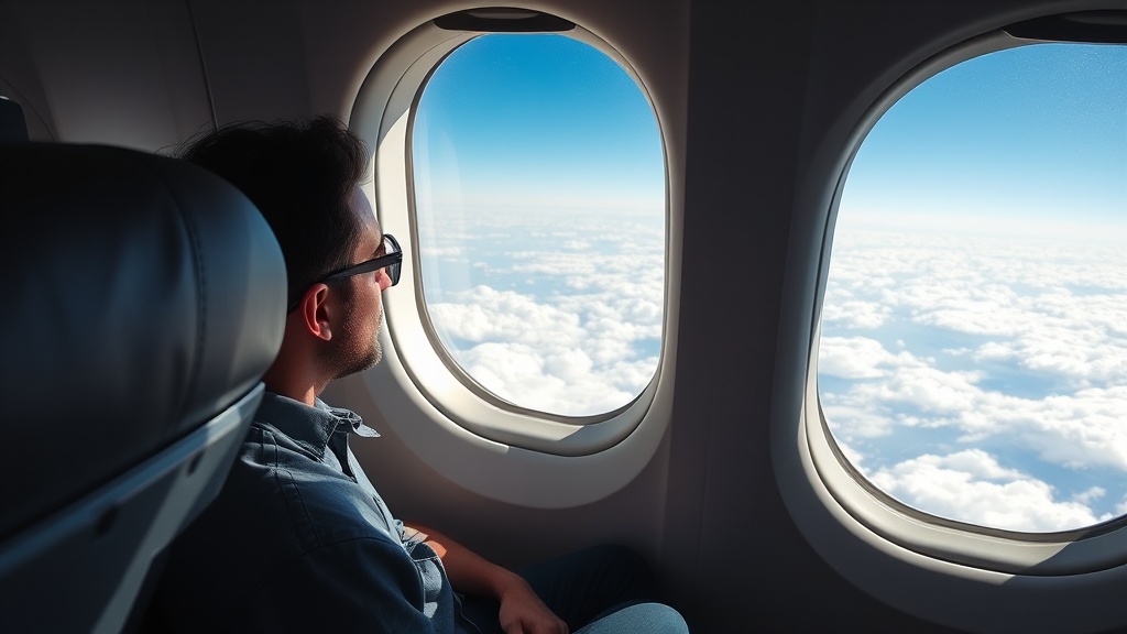 A person gazes out of an airplane window at the vast clouds and clear blue sky.